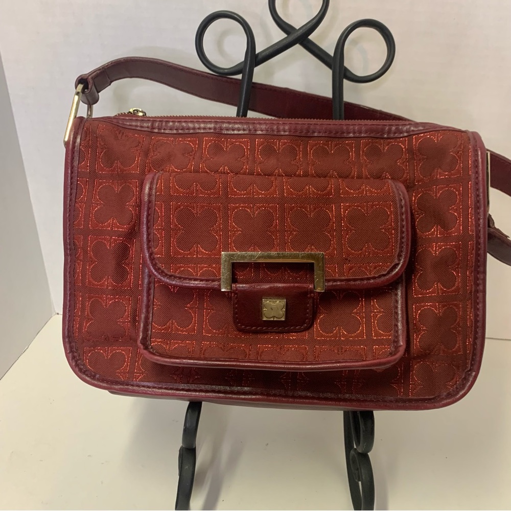 Vintage Liz Claiborne Burgundy Red bag w/gold lined Four Leaf Clover print